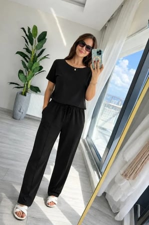 Kadın Kısa Kollu Bisiklet Yakalı Viskon Iki Iplik Bluz Ve Pantolon Ikili Takım