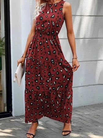 Kadın Kolsuz Bisiklet Yaka Beli Lastikli Desenli Süprem Elbise