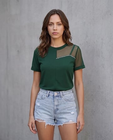 Kadın Kısa Kollu Tül Detaylı Taşlı Janjan Krep Bluz
