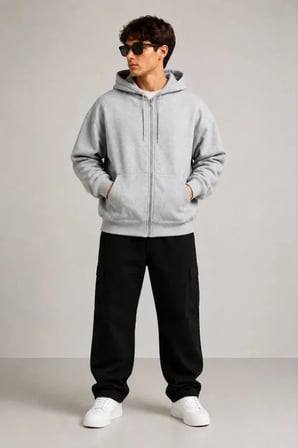 Erkek 3 İplik Şardonlu Tam Fermuarlı Kapüşonlu Arka Çanta Detaylı Sweatshirt - Gri