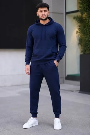 Erkek İki İplik Kapüşonlu Kanguru Cepli Sweatshirt Jogger Pantolon Alt Üst Eşofman Takımı - Lacivert