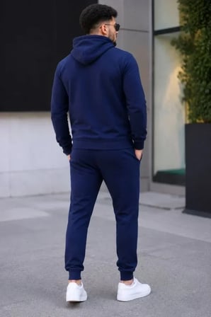 Erkek İki İplik Kapüşonlu Kanguru Cepli Sweatshirt Jogger Pantolon Alt Üst Eşofman Takımı - Lacivert