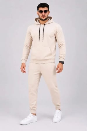 Erkek İki İplik Kapüşonlu Kanguru Cepli Sweatshirt Jogger Pantolon Alt Üst Eşofman Takımı -Bej