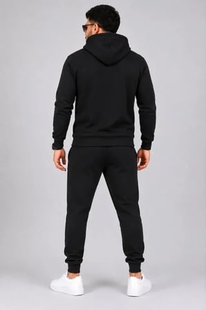 Erkek İki İplik Kapüşonlu Kanguru Cepli Sweatshirt Jogger Pantolon Alt Üst Eşofman Takımı -Siyah