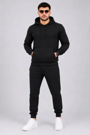 Erkek İki İplik Kapüşonlu Kanguru Cepli Sweatshirt Jogger Pantolon Alt Üst Eşofman Takımı -Siyah
