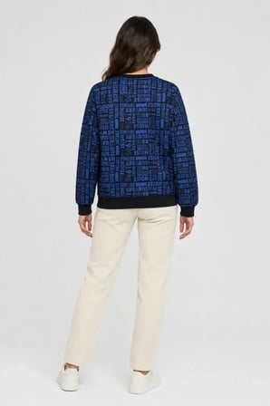Siyah Mavi Yazı Desenli İki İplik Şardonlu Sweatshirt