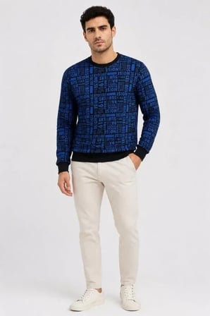 Erkek Siyah Mavi Yazı Desenli İki İplik Şardonlu Sweatshirt
