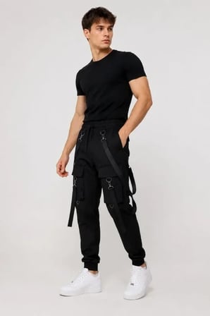 Erkek Techwear Şerit Aksesuarlı Ön Kapak Cep Detaylı Jogger Eşofman Altı - Siyah