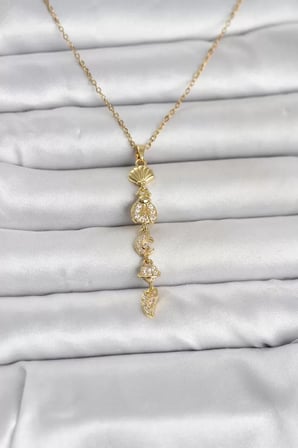 316L Çelik Gold Renk Deniz Temalı Y Model Zirkon Taşlı Kadın Kolye - TJ-BKO11051
