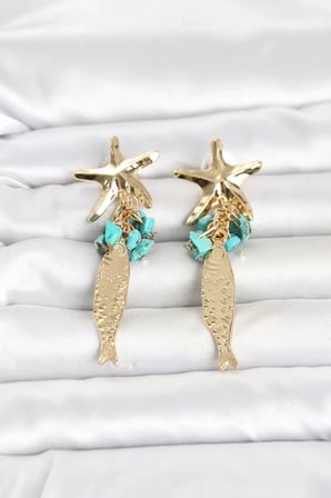 Deniz Yıldızı ve Balık Detaylı Mavi Taşlı Gold Renk Kadın Küpe TJ-BKP11794