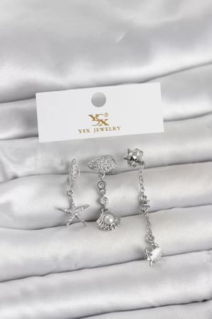Pirinç Gümüş Renk Zirkon Taşlı Deniz Temalı 3'lü Kadın Küpe - TJ-BKP11702