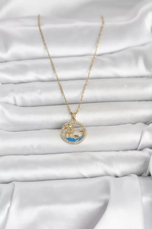 316L Çelik Zincir Gold Renk Zirkon Taşlı Deniz Temalı Kadın Kolye - TJ-BKO11032