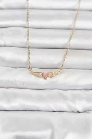 316L Çelik Zincir Gold Renk Kanatlı Pembe Kalp Model Kadın Kolye TJ-BKO11074