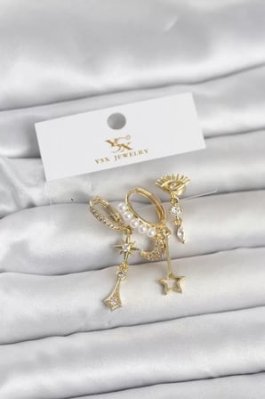 Pirinç Gold Renk Zirkon Taşlı Gece Temalı 3'lü Kadın Küpe - TJ-BKP11705