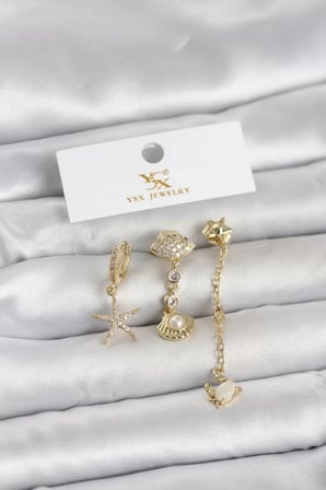 Pirinç Gold Renk Zirkon Taşlı Deniz Temalı 3'lü Kadın Küpe - TJ-BKP11703