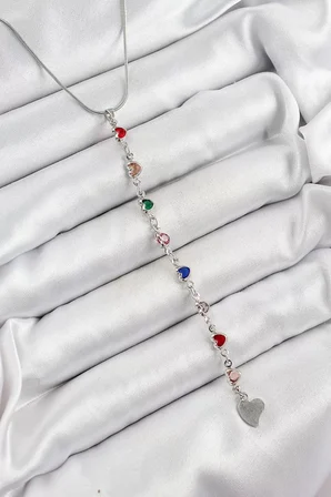 Pirinç Gümüş Renk Karışık Renk Zirkon Taşlı Kalpli Y Kadın Kolye TJ-BKO10338