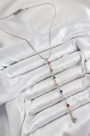 Pirinç Gümüş Renk Karışık Renk Zirkon Taşlı Kalpli Y Kadın Kolye TJ-BKO10338