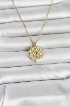316L Çelik Gold Renk Açılabilir Yonca Model Zirkon Taşlı Kadın Kolye - TJ-BKO11048