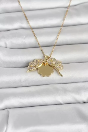 316L Çelik Gold Renk Açılabilir Yonca Model Zirkon Taşlı Kadın Kolye - TJ-BKO11048