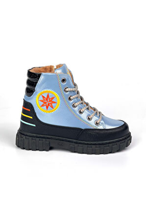 Kız Çocuk Mavi Siyah İçi Kürklü Termo Taban Suya Soğuğa Dayanıklı Günlük Rahat Bot