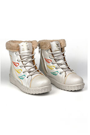 Kız Çocuk Beyaz İçi Kürklü Termo Taban Suya Soğuğa Dayanıklı Günlük Rahat Bot