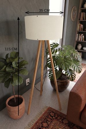 3 Ayaklı Tripod Lambader Krem Kumaş Başlık