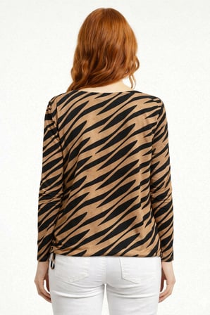 Kadın Siyah Kahverengi Zebra Desenli Uzun Kollu Bluz