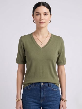 Kadın V Yaka Kısa Kollu Basic T-Shirt