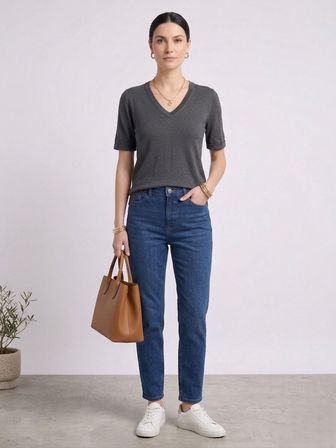Kadın V Yaka Kısa Kollu Basic T-Shirt