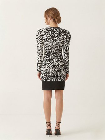 Siyah Beyaz Zebra Desenli Balon Omuz Mini Elbise