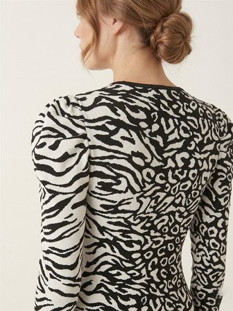 Siyah Beyaz Zebra Desenli Balon Omuz Mini Elbise
