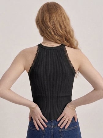 Kadın Dantel Detaylı Halter Yaka Fitilli Triko Bluz