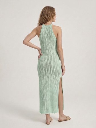 Kadın Ajurlu Halter Yaka Yırtmaçlı Uzun Beachwear Elbise - Plaj Elbisesi