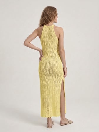 Kadın Ajurlu Halter Yaka Yırtmaçlı Uzun Beachwear Elbise - Plaj Elbisesi