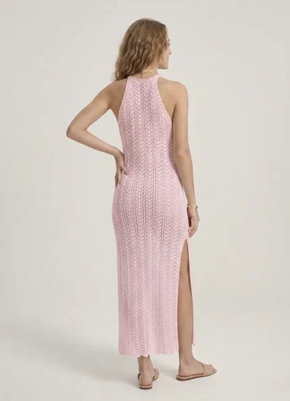 Kadın Ajurlu Halter Yaka Yırtmaçlı Uzun Beachwear Elbise - Plaj Elbisesi
