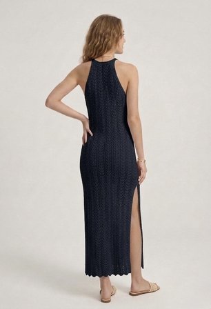 Kadın Ajurlu Halter Yaka Yırtmaçlı Uzun Beachwear Elbise - Plaj Elbisesi