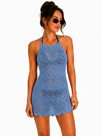 Ajurlu Sırt Dekolteli Transparan Beachwear - Mini Plaj Elbisesi