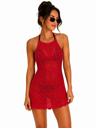 Ajurlu Sırt Dekolteli Transparan Beachwear - Mini Plaj Elbisesi