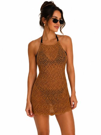Ajurlu Sırt Dekolteli Transparan Beachwear - Mini Plaj Elbisesi