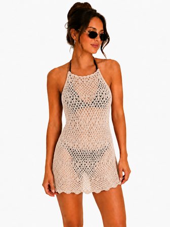 Ajurlu Sırt Dekolteli Transparan Beachwear - Mini Plaj Elbisesi