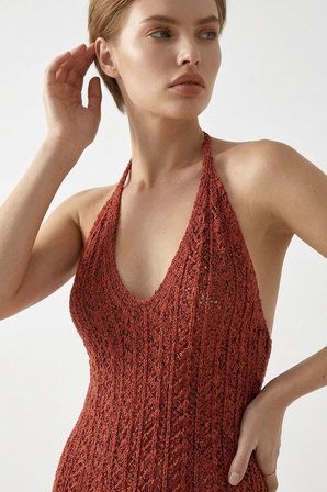 Beachwear Boyundan Bağlamalı Ajurlu Triko Plaj Elbisesi