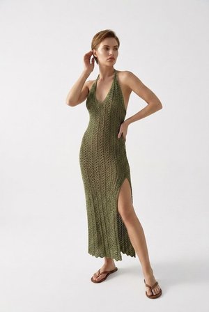 Beachwear Boyundan Bağlamalı Ajurlu Triko Plaj Elbisesi