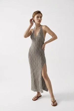 Beachwear Boyundan Bağlamalı Ajurlu Triko Plaj Elbisesi