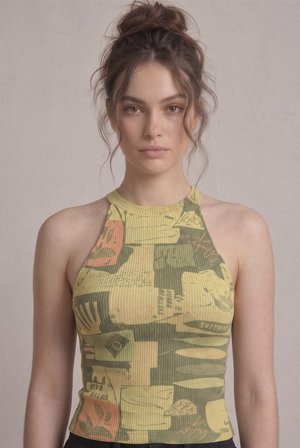 Kadın Fitilli Grafik Desenli Baskılı Halter Yaka Crop Bluz