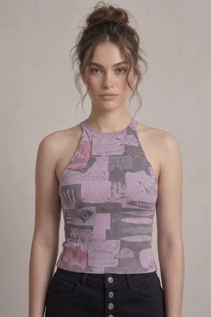 Kadın Fitilli Grafik Desenli Baskılı Halter Yaka Crop Bluz