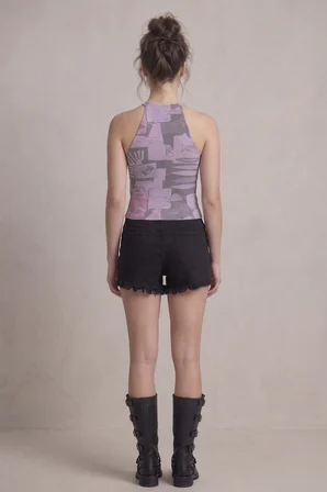 Kadın Fitilli Grafik Desenli Baskılı Halter Yaka Crop Bluz
