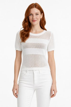 Kadın Beyaz Triko Kısa Kollu T-Shirt