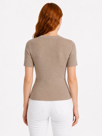 Kadın Vizon Renk Slim Fit Kısa Kollu Triko T-Shirt