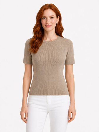 Kadın Vizon Renk Slim Fit Kısa Kollu Triko T-Shirt
