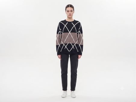 Kadın Oversize Triko Kazak - Modern Geometrik Desen
